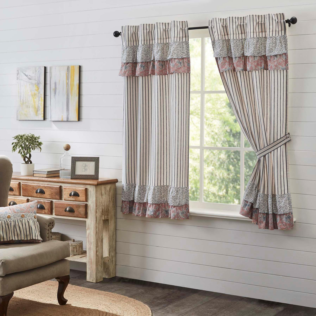 Kaila Ticking Blue Ruffled Short Panel Set of 2 63x36 VHC Brands - The Fox Decor