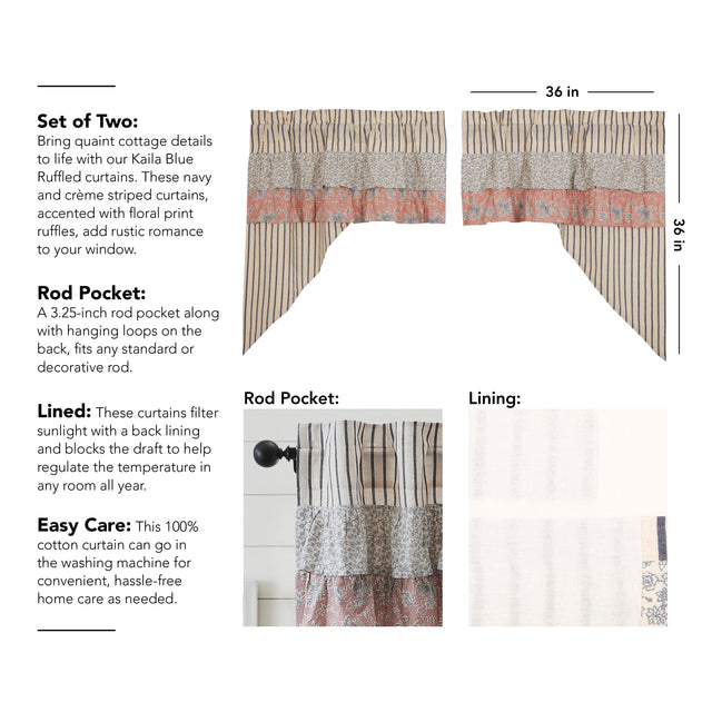 Kaila Ticking Blue Ruffled Swag Set of 2 36x36x16 VHC Brands - The Fox Decor