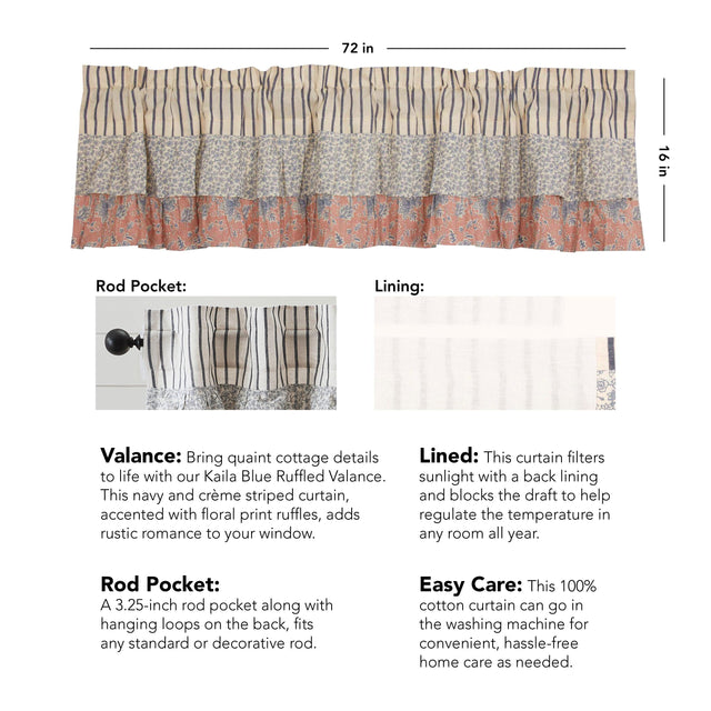 Kaila Ticking Blue Ruffled Valance 16x72 VHC Brands - The Fox Decor