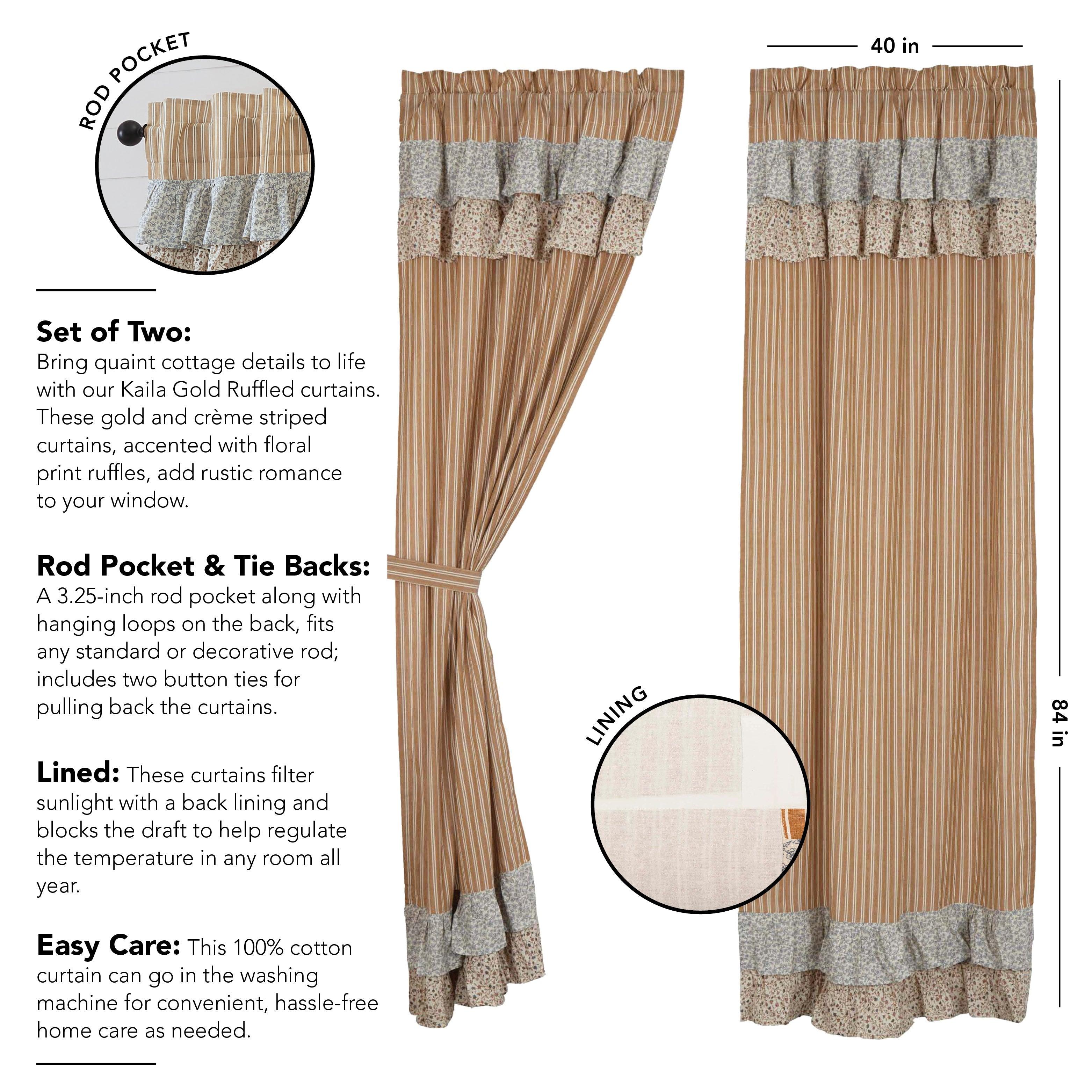 Kaila Ticking Gold Ruffled Panel Set of 2 84x40 VHC Brands - The Fox Decor