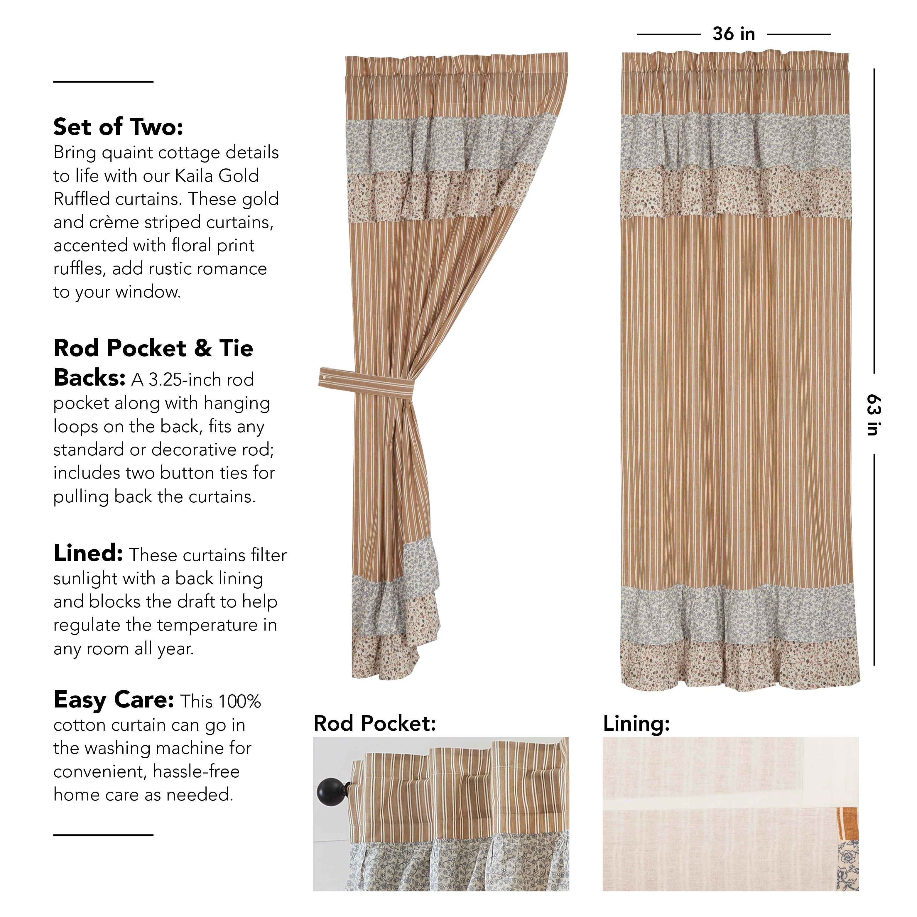 Kaila Ticking Gold Ruffled Short Panel Set of 2 63x36 VHC Brands - The Fox Decor