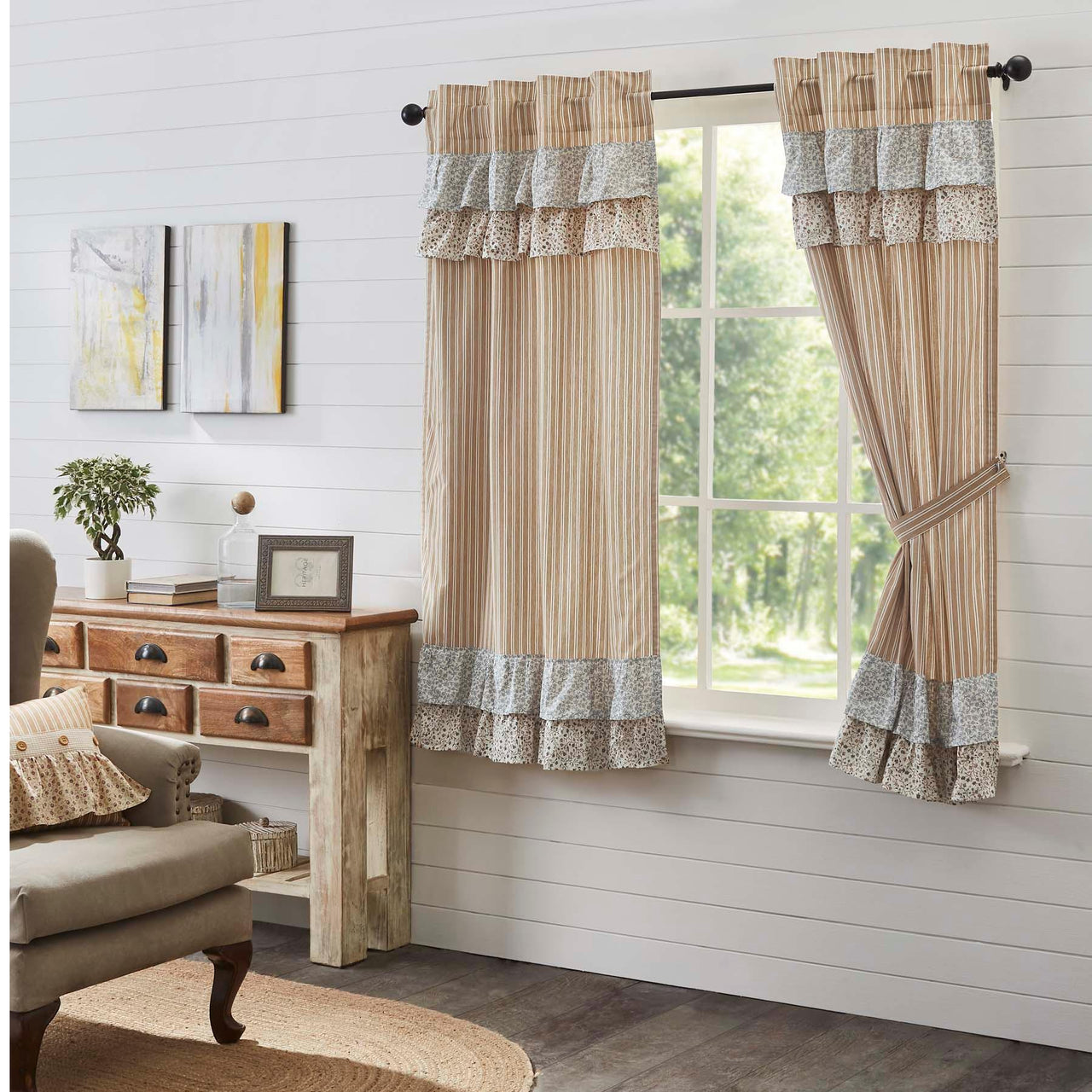 Kaila Ticking Gold Ruffled Short Panel Set of 2 63x36 VHC Brands - The Fox Decor