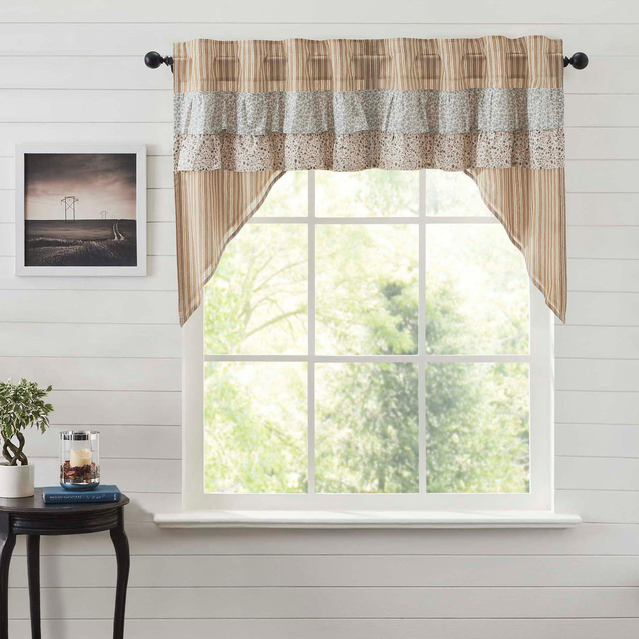 Kaila Ticking Gold Ruffled Swag Set of 2 36x36x16 VHC Brands - The Fox Decor