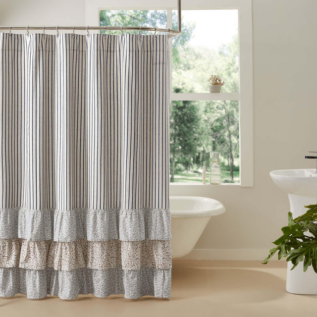 Kaila Ticking Stripe Ruffled Shower Curtain 72x72 VHC Brands - The Fox Decor