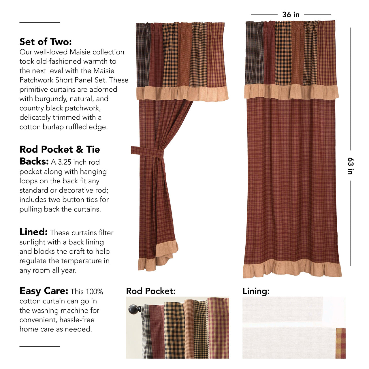 Maisie Short Panel with Attached Patch Valance Set of 2 63x36 VHC Brands - The Fox Decor