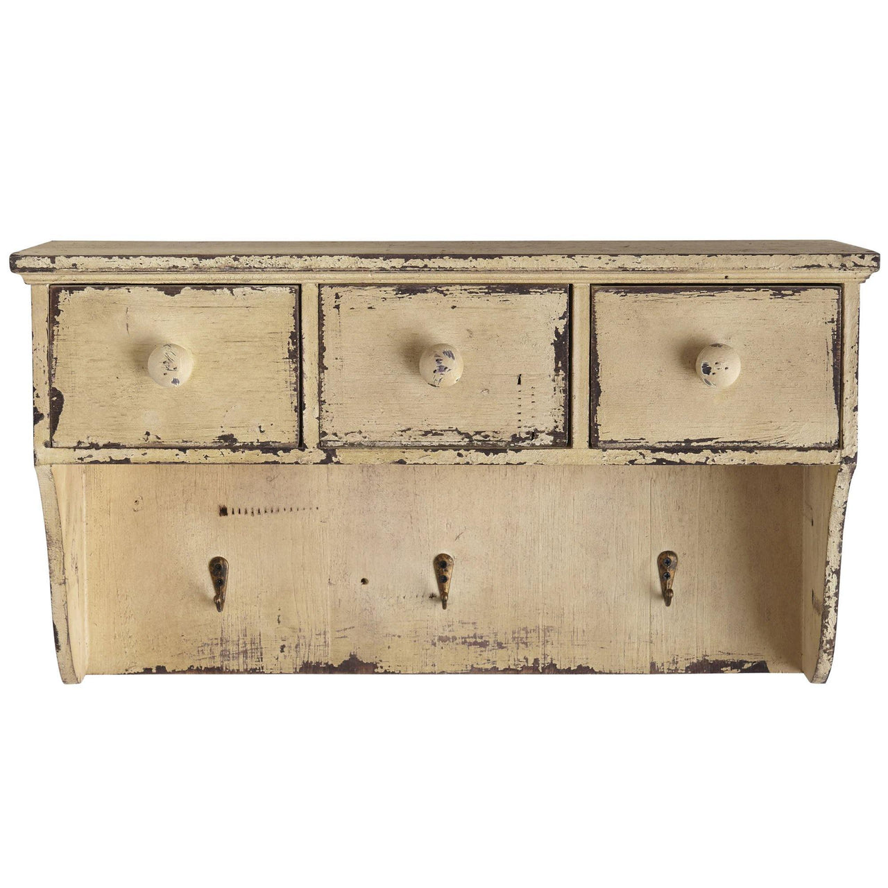Distressed Wooden Shelf With Drawers And Hooks - The Fox Decor
