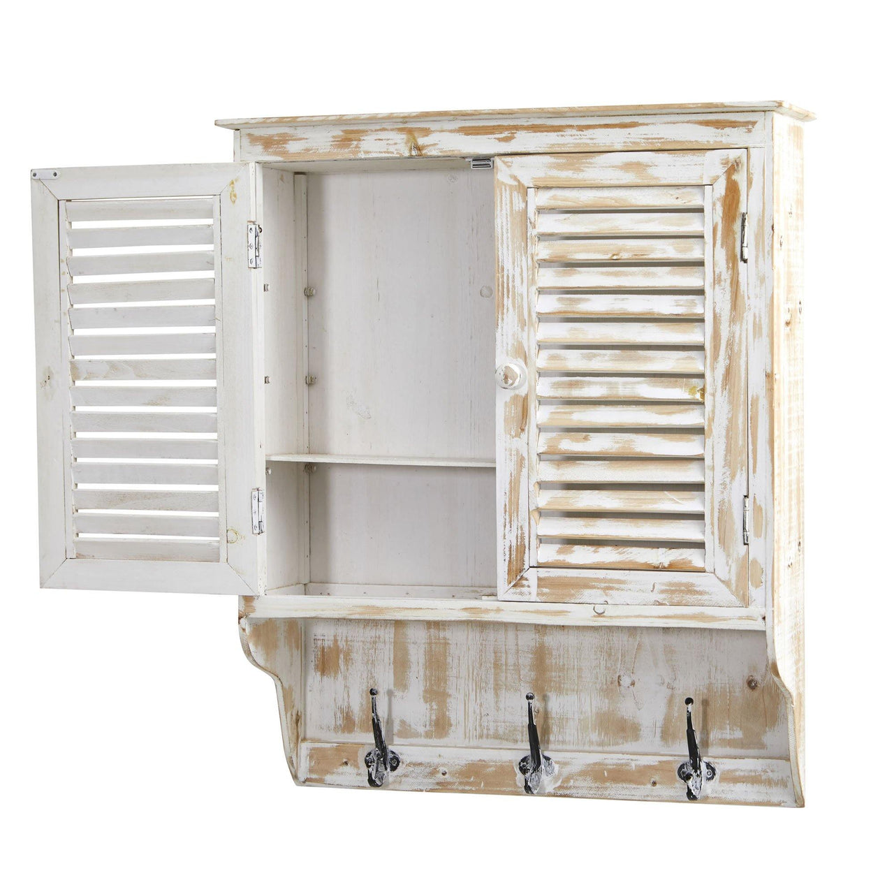 32” White Washed Wall Cabinet With Hooks - The Fox Decor