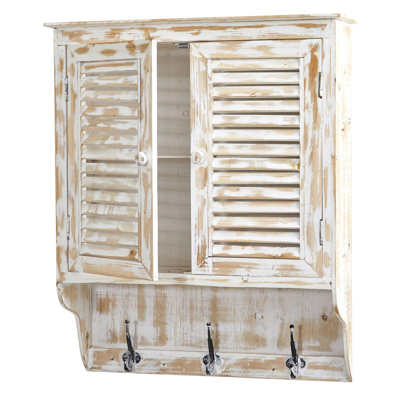32” White Washed Wall Cabinet With Hooks - The Fox Decor