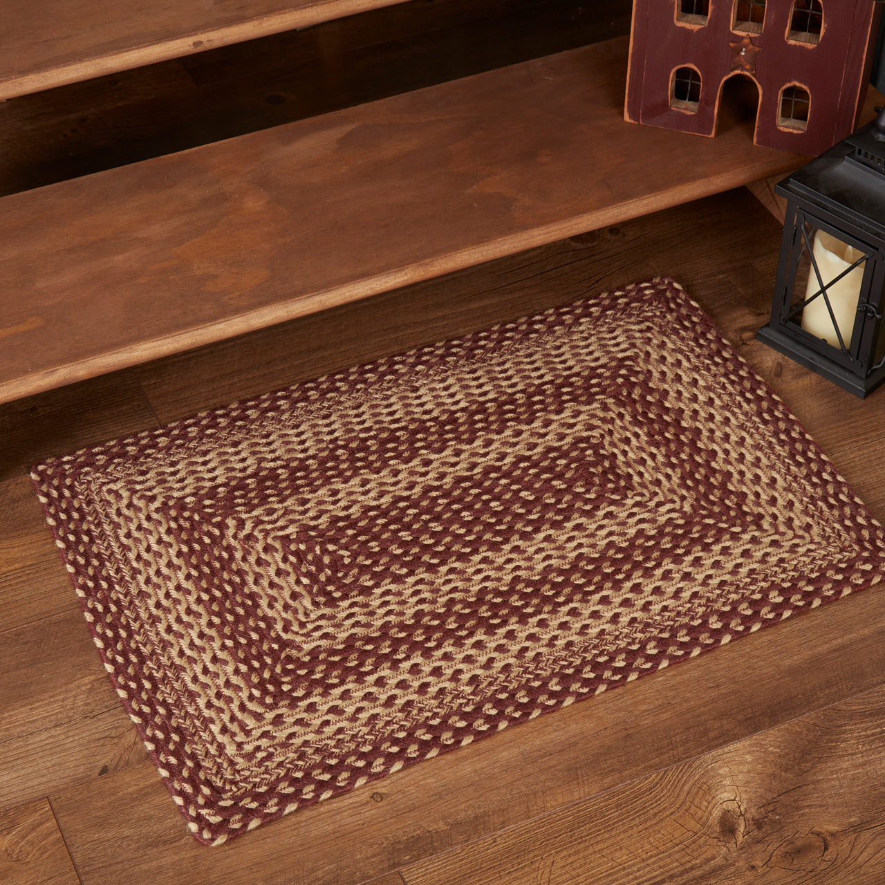 Burgundy Tan Jute Rug Jute Braided Rug Rect 20"x30" with Rug Pad VHC Brands