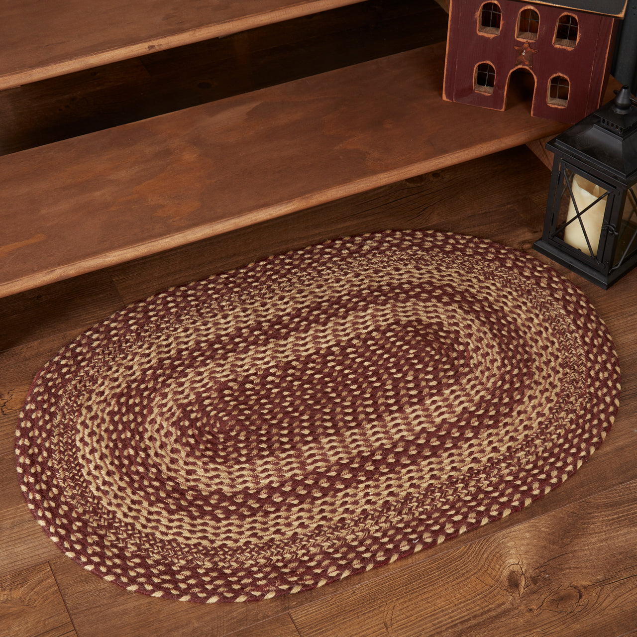 Burgundy Tan Jute Braided Rug Oval 24"x36" (2'x3') with Rug Pad VHC Brands