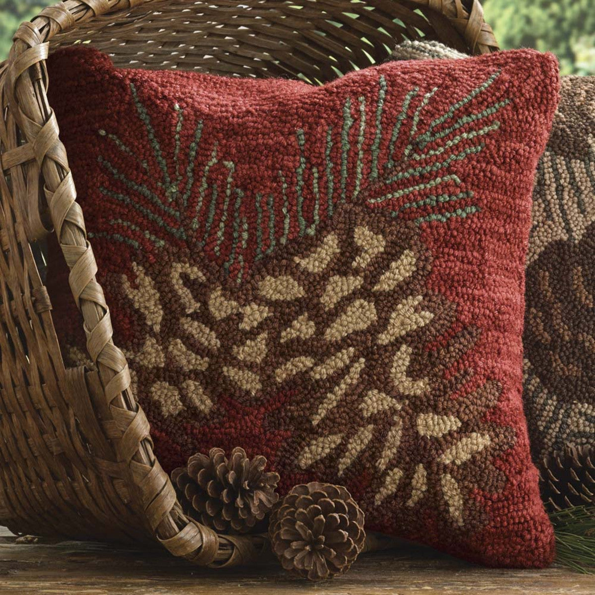 Pinecone Hooked Pillow Down Feather Fill 18"x18" - Park Designs