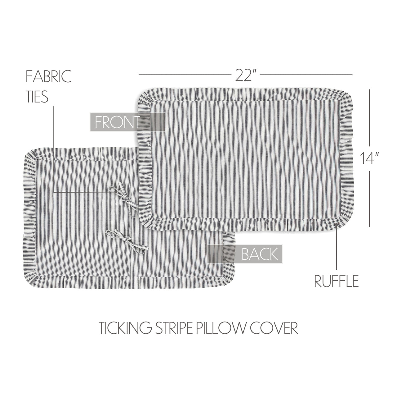 Sawyer Mill Black Ruffled Ticking Stripe Pillow Cover 14x22 VHC Brands