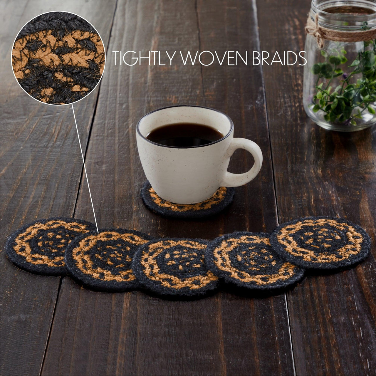 Black & Tan Jute Coaster Set of 6 VHC Brands