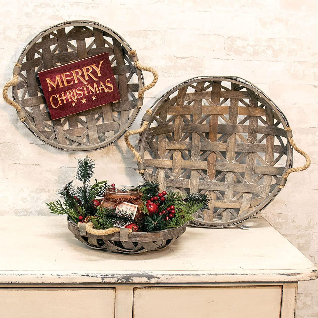 3/Set, Natural Round Tobacco Baskets w/Jute Handles