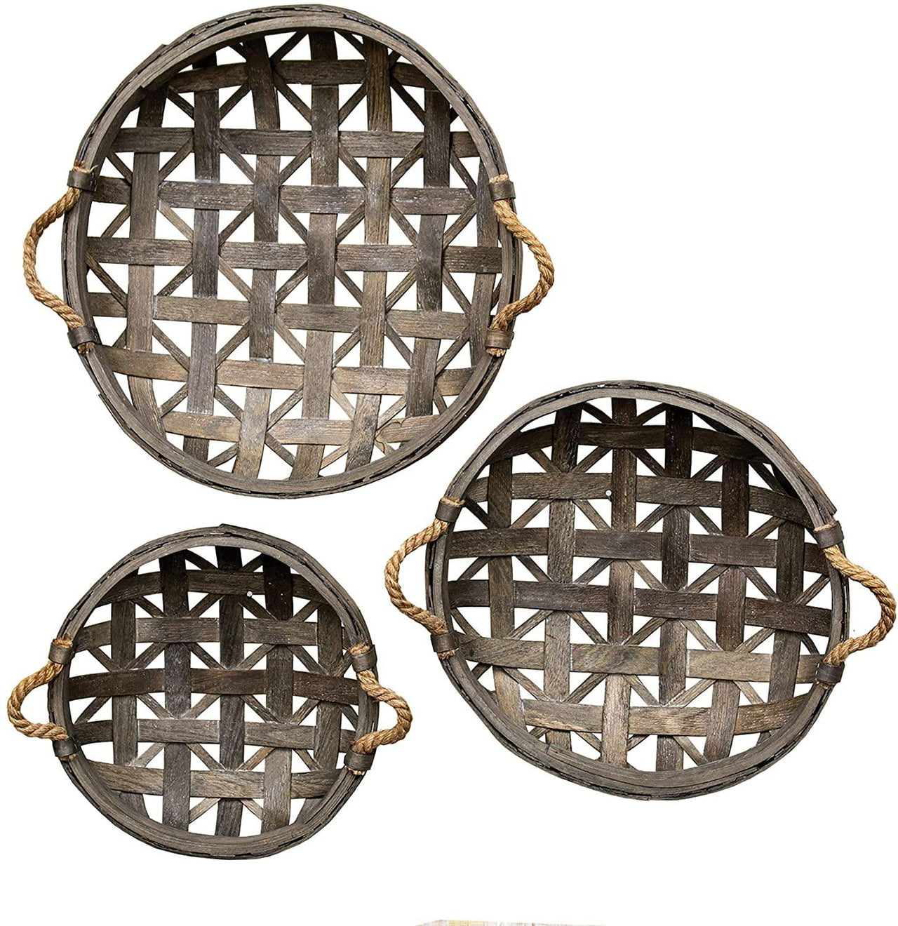 3/Set, Natural Round Tobacco Baskets w/Jute Handles