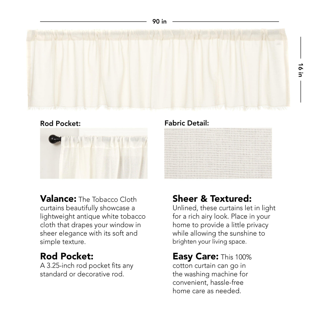 Tobacco Cloth Antique White Valance Curtain Fringed 16x90 - The Fox Decor