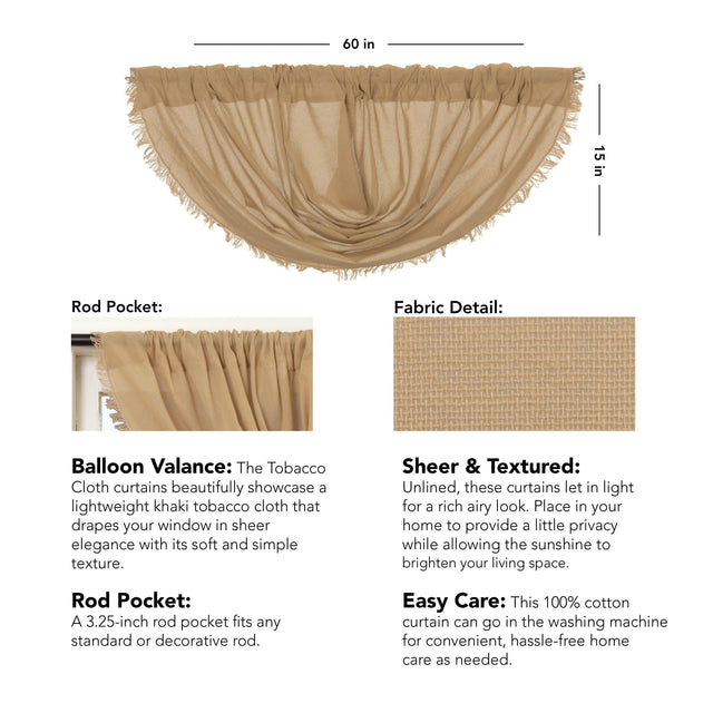 Tobacco Cloth Khaki Balloon Valance Curtain Fringed 15x60 - The Fox Decor