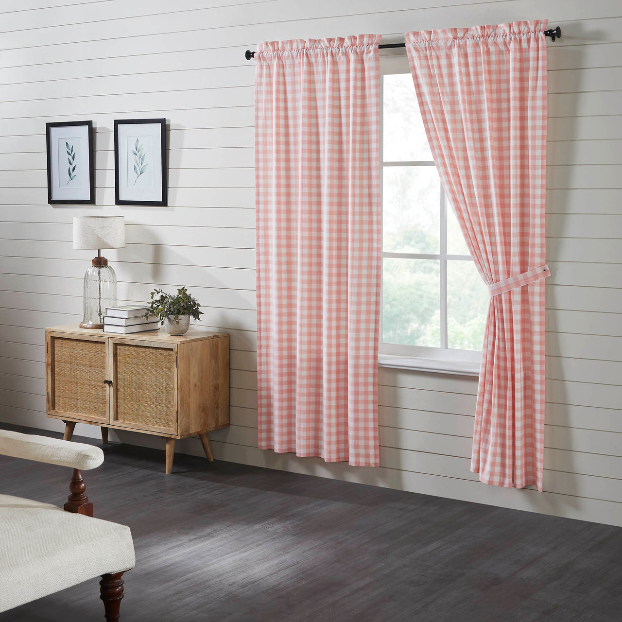 Annie Buffalo Coral Check Short Panel Curtain Set of 2 84"x40" VHC Brands