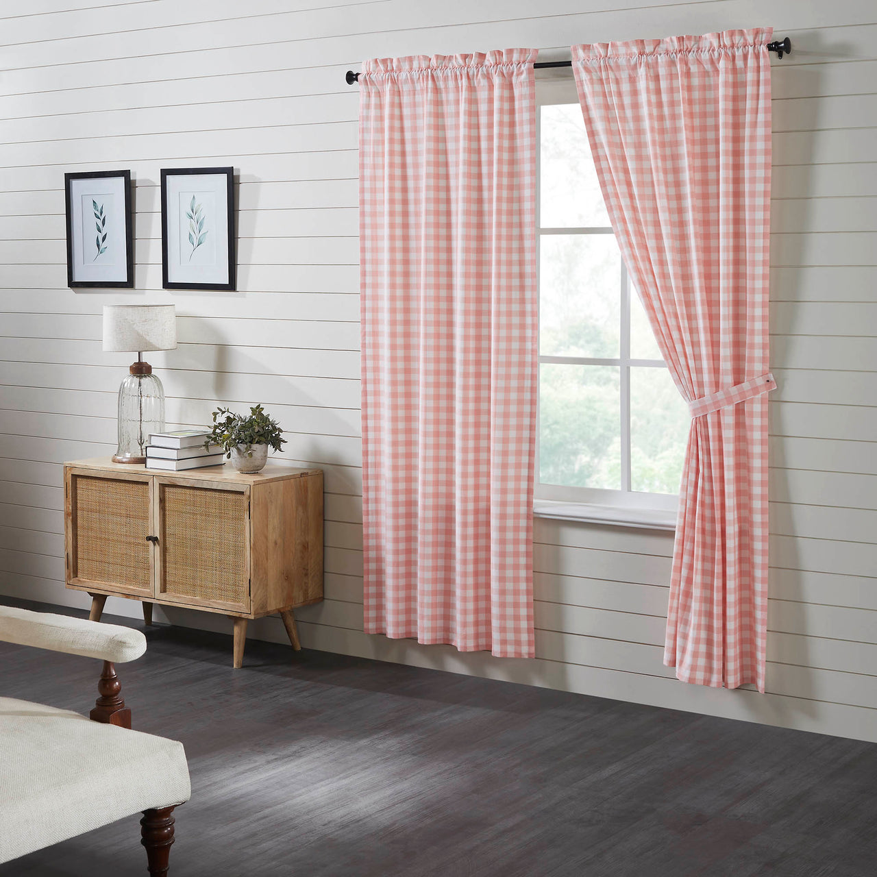 Annie Buffalo Coral Check Short Panel Curtain Set of 2 84"x40" VHC Brands - The Fox Decor