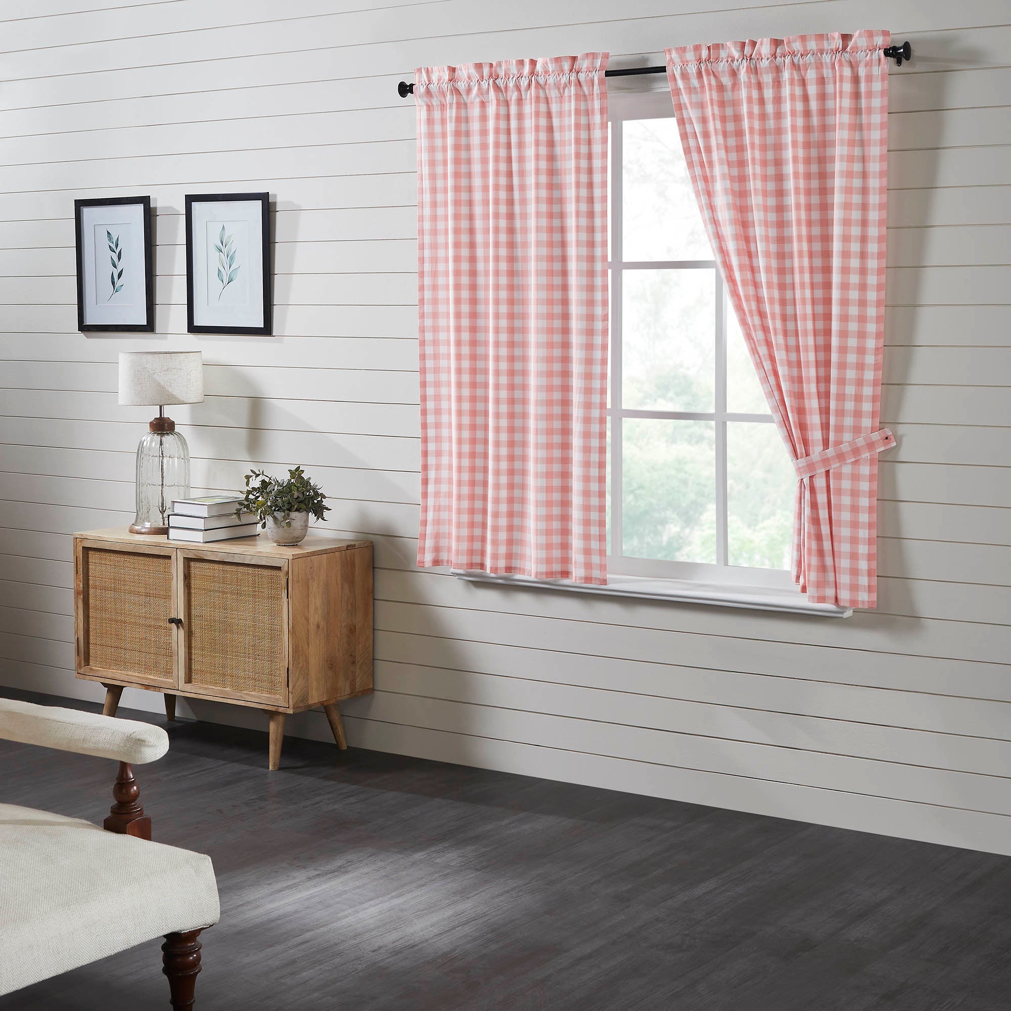 Annie Buffalo Coral Check Short Panel Curtain Set of 2 63