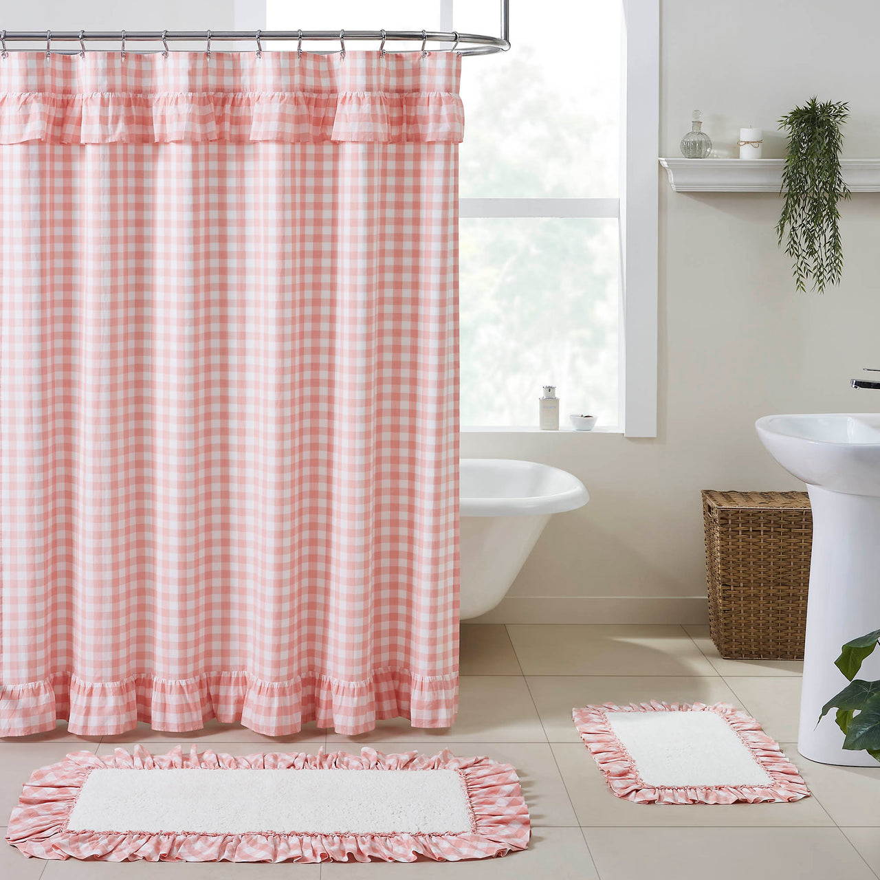 Annie Buffalo Coral Check Ruffled Shower Curtain 72x72 VHC Brands