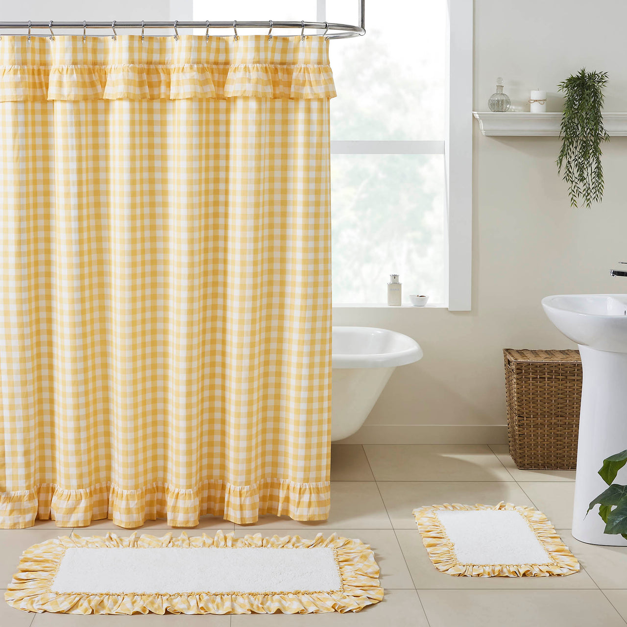 Annie Buffalo Yellow Check Ruffled Shower Curtain 72x72 VHC Brands