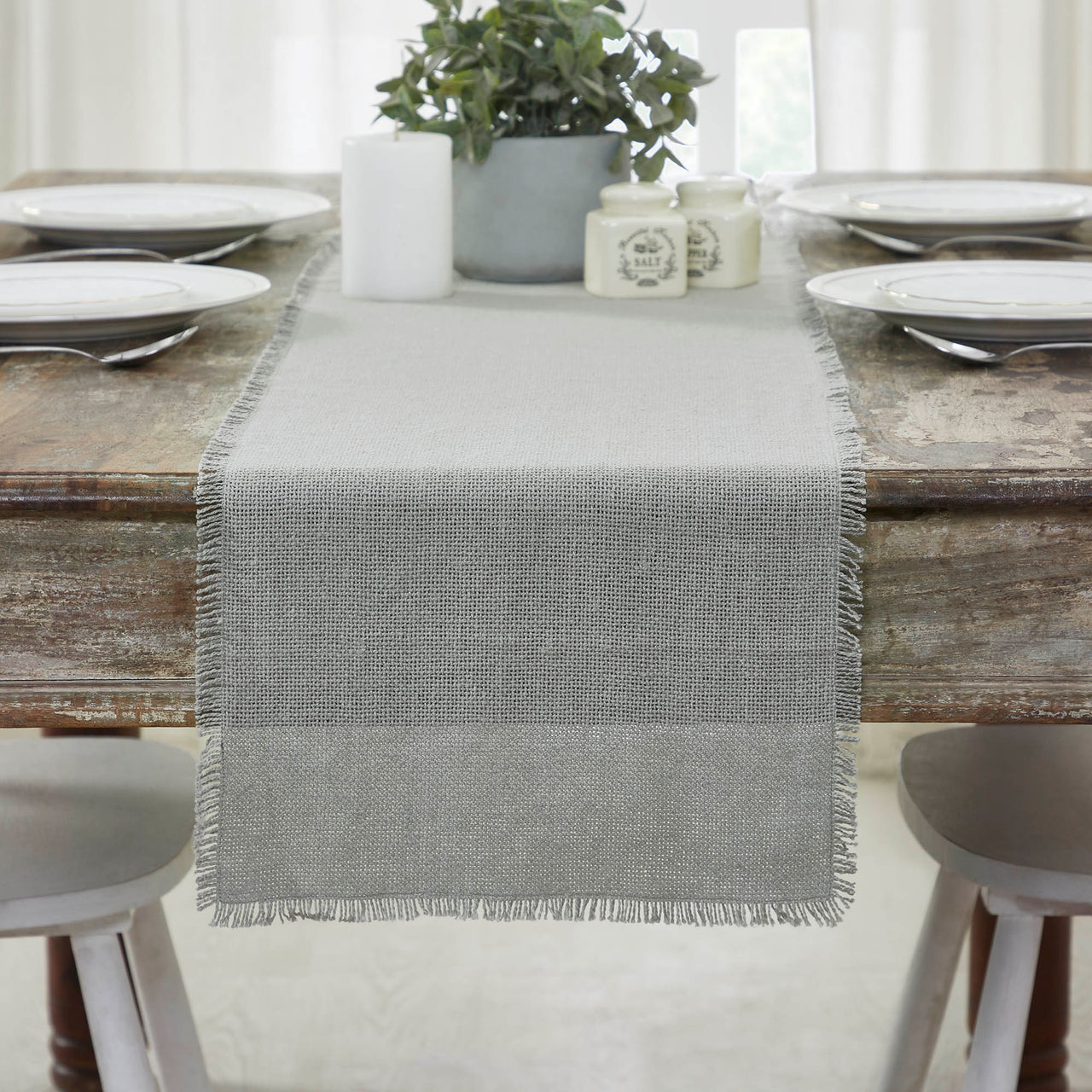 Burlap Dove Grey Table Runner Fringed 12"x48" VHC Brands - The Fox Decor