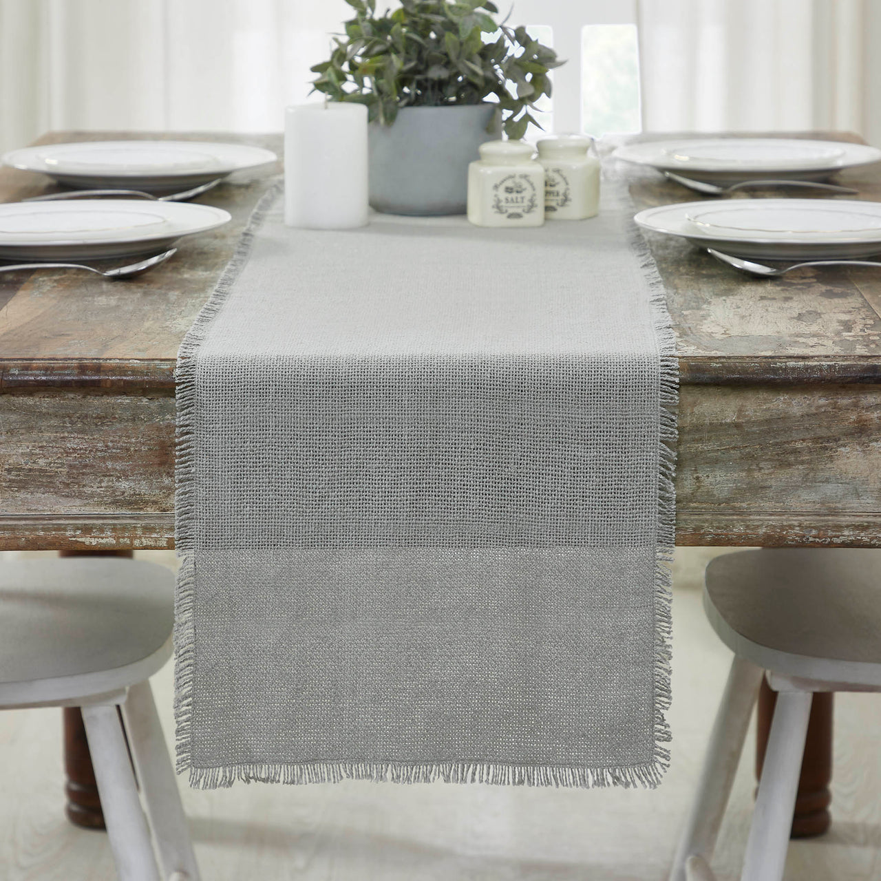 Burlap Dove Grey Table Runner Fringed 12"x72" VHC Brands - The Fox Decor