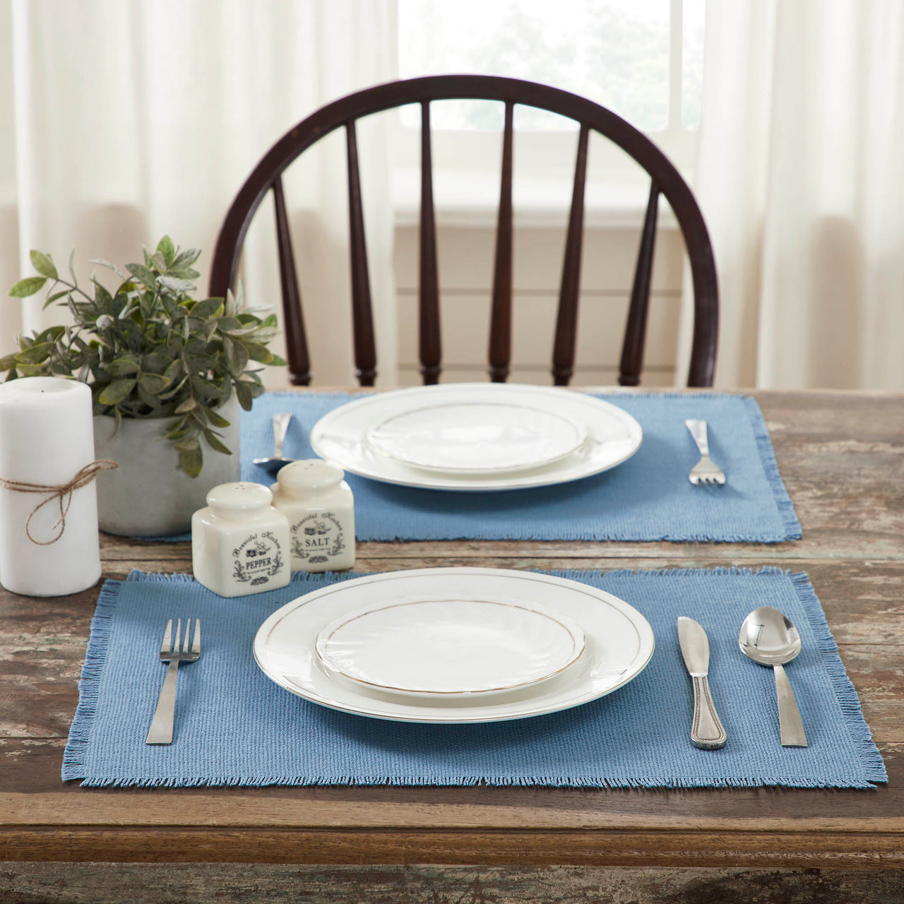 Burlap Blue Placemat Set of 6 Fringed 13"x19" VHC Brands - The Fox Decor