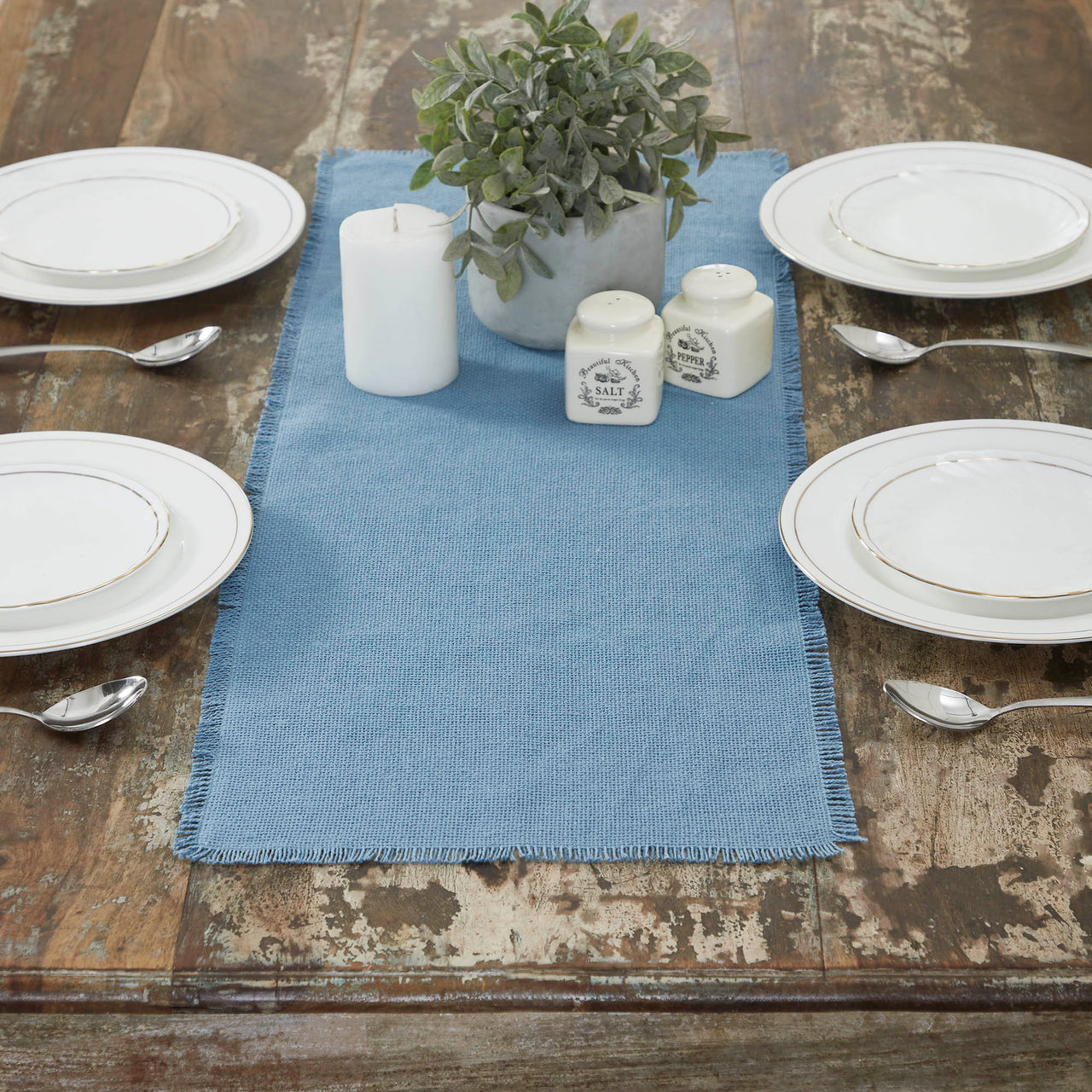 Burlap Blue Table Runner Fringed 12"x36" VHC Brands - The Fox Decor
