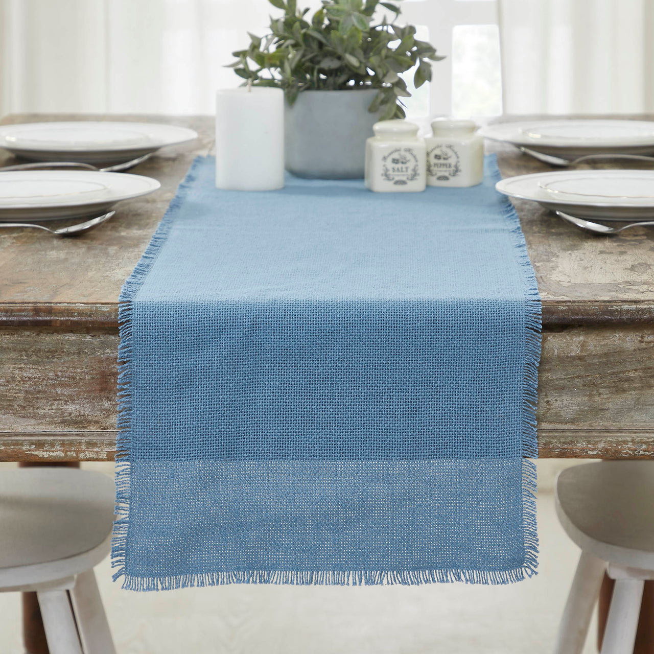 Burlap Blue Table Runner Fringed 12"x48" VHC Brands - The Fox Decor