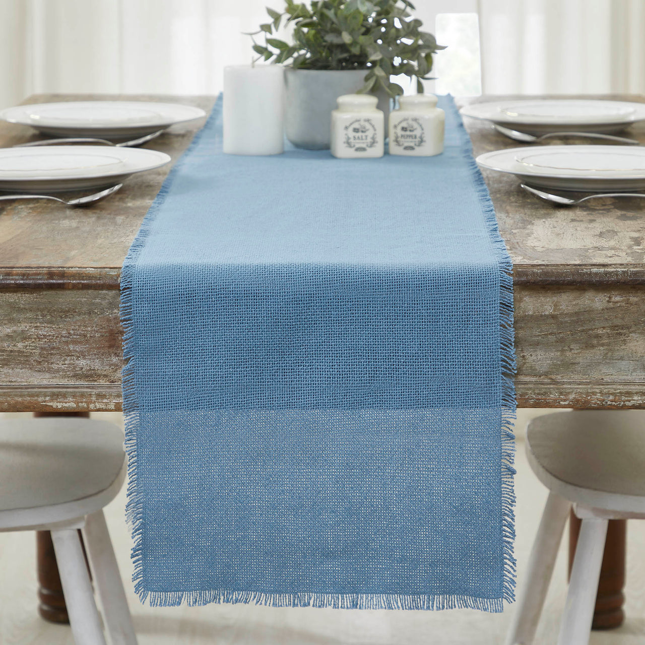 Burlap Blue Table Runner Fringed 12"x72" VHC Brands - The Fox Decor