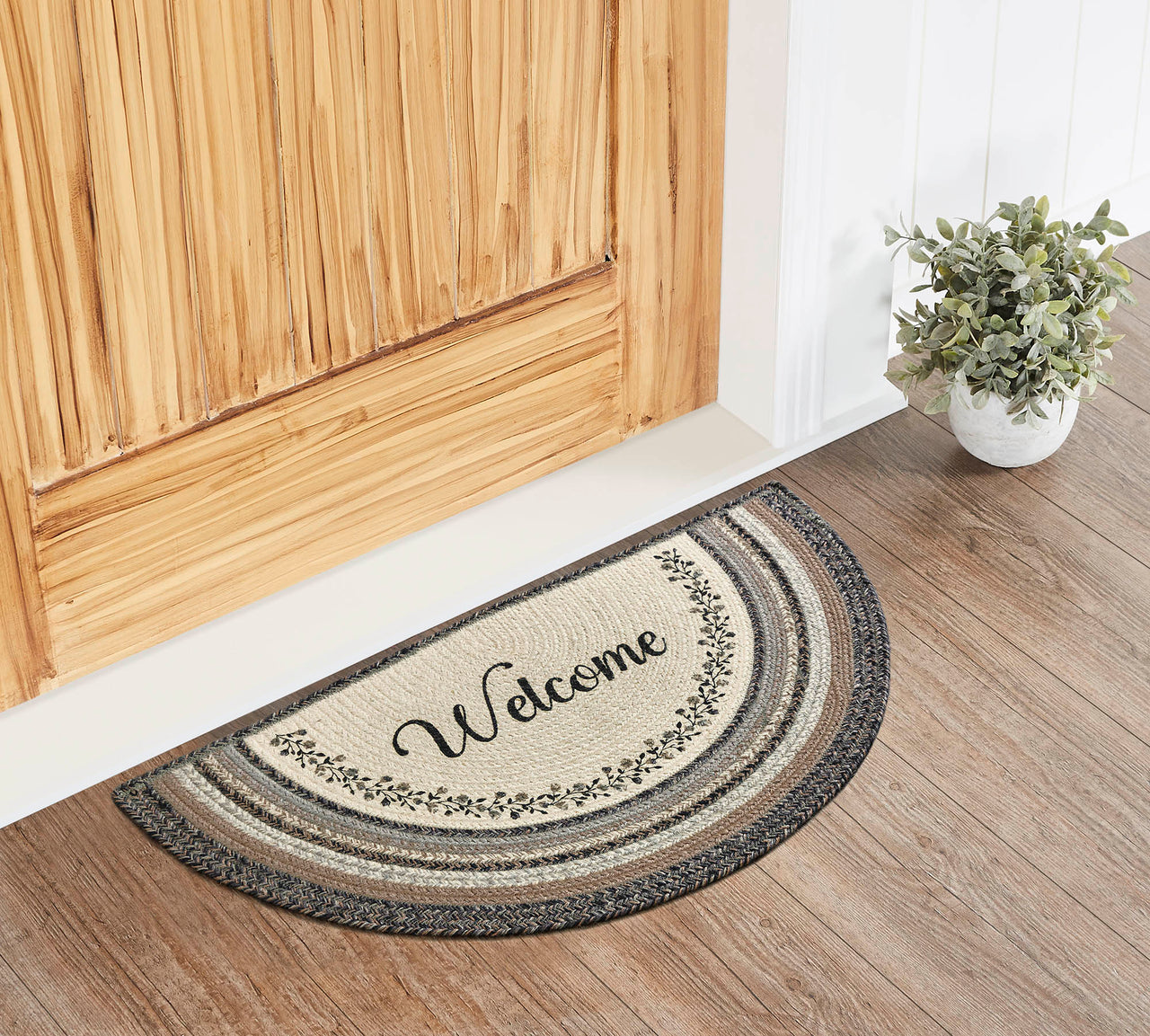 Welcome Rug Patterns Floral Vine Jute Half Circle Welcome Braided Rug w/ Pad 19.5