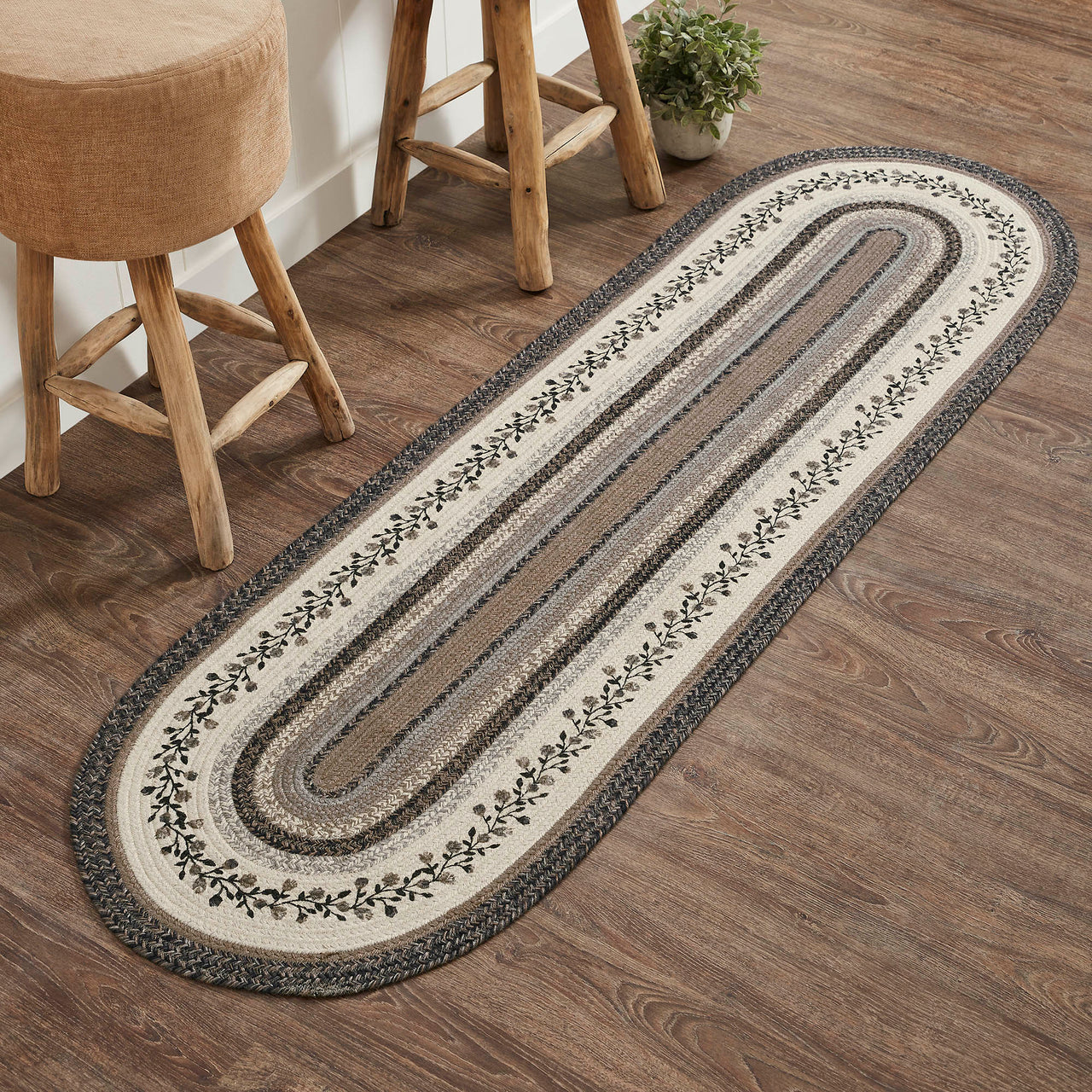 Floral Vine Jute Oval Braided Runner Rug with Rug Pad 24"x78"(2'x6.5') VHC Brands