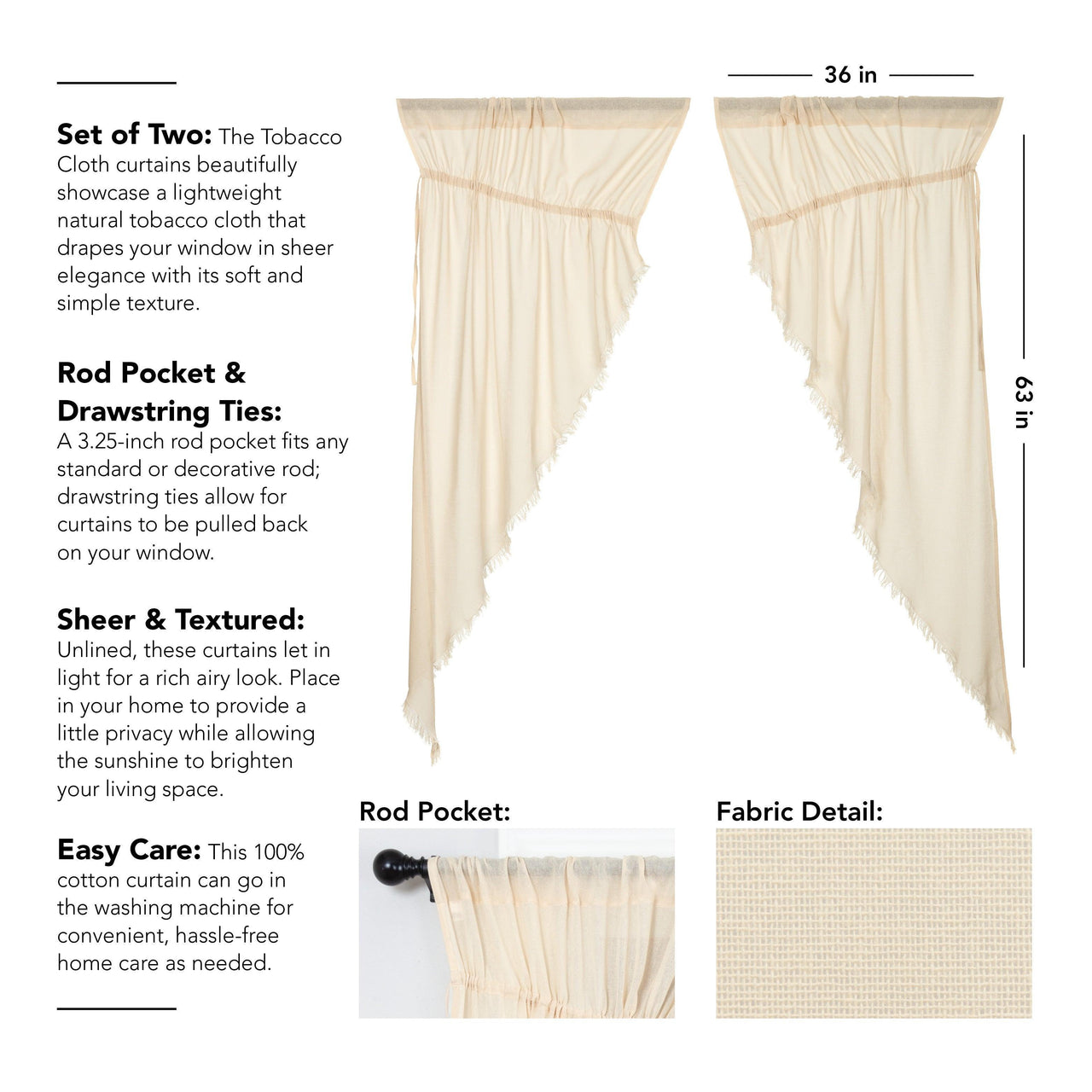 Tobacco Cloth Natural Prairie Short Panel Curtain Fringed Set of 2 63x36x18 VHC Brands - The Fox Decor