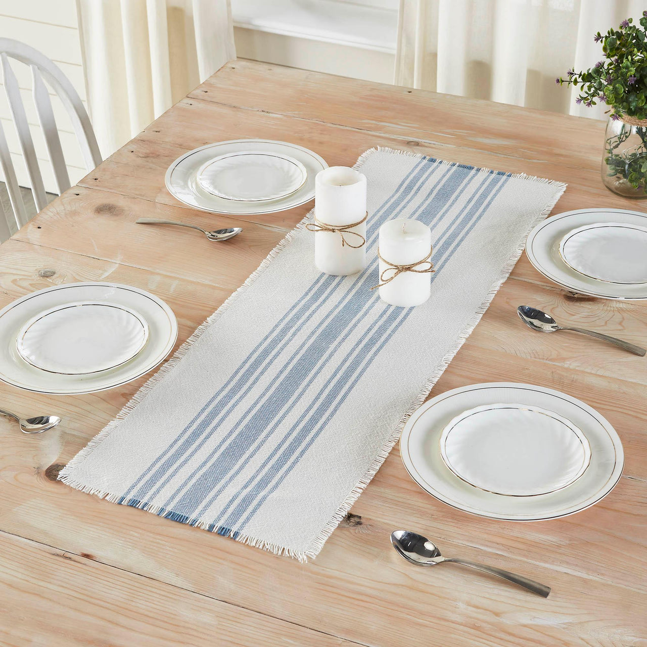 Antique White Stripe Blue Indoor/Outdoor Table Runner 12x36 VHC Brands VHC Brands - The Fox Decor