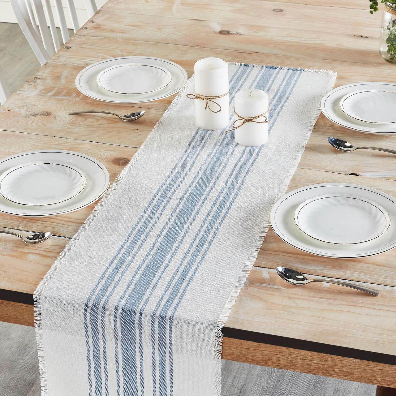 Antique White Stripe Blue Indoor/Outdoor Table Runner 12x48 VHC Brands - The Fox Decor