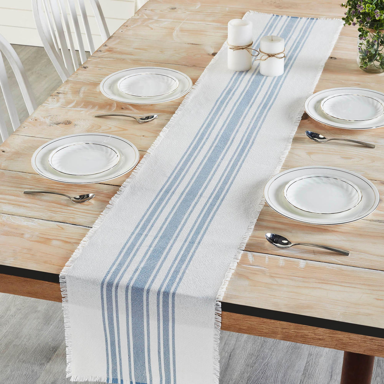 Antique White Stripe Blue Indoor/Outdoor Table Runner 12x72 VHC Brands VHC Brands - The Fox Decor