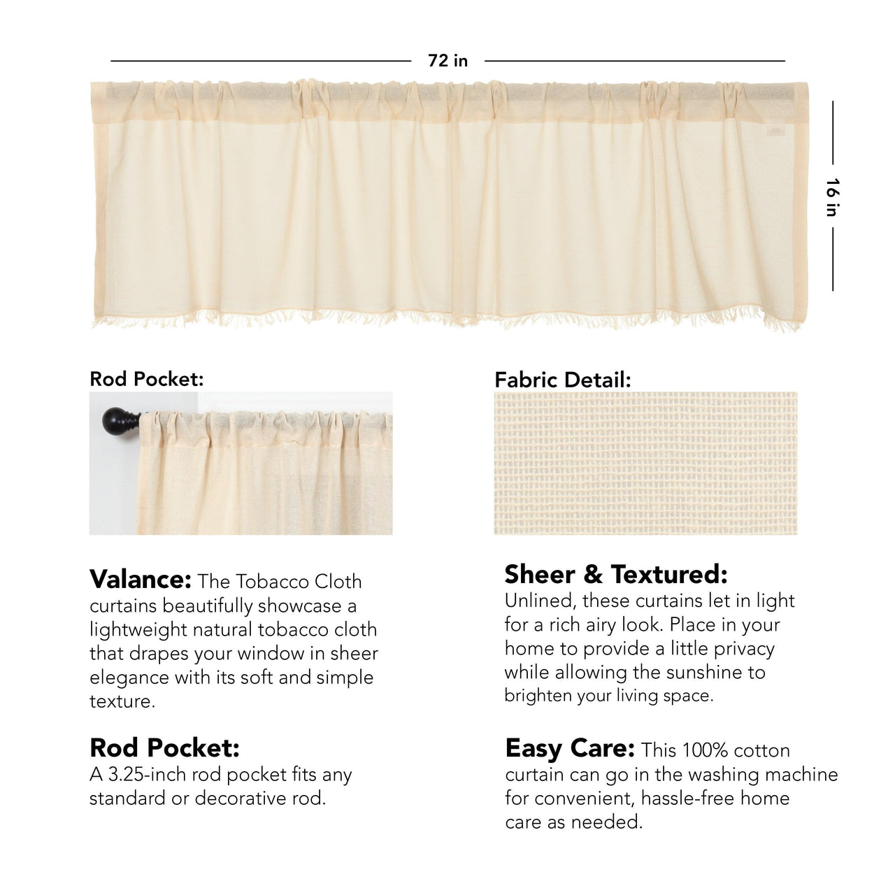 Tobacco Cloth Natural Valance Curtain Fringed 16x72 - The Fox Decor