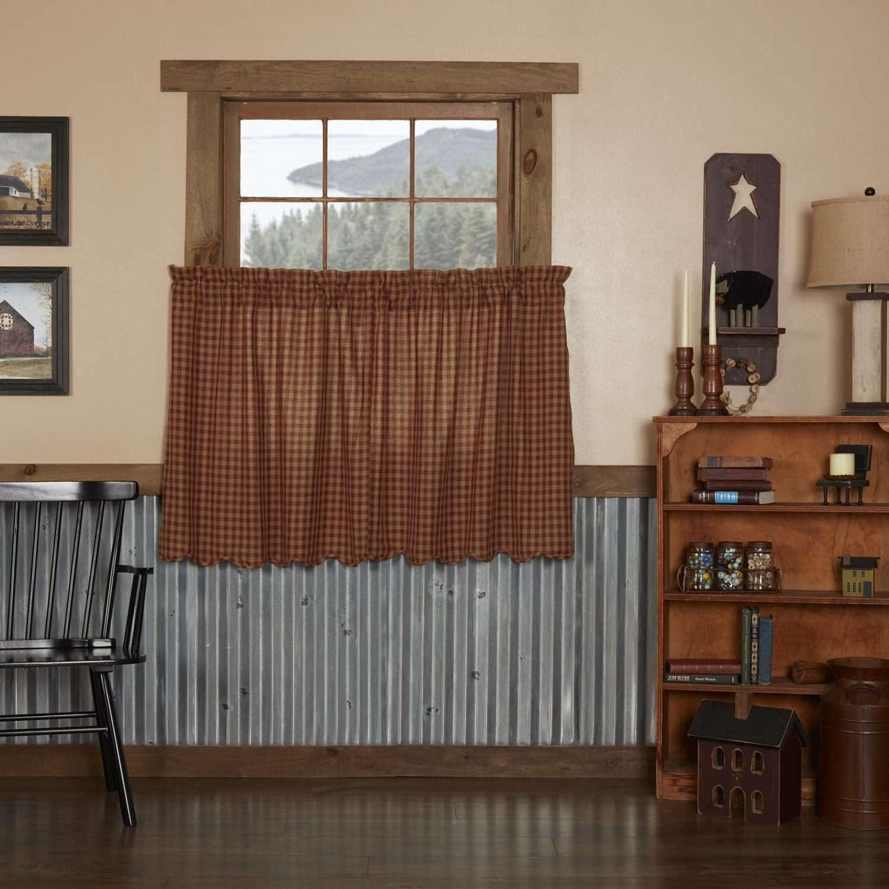 Burgundy Check Scalloped Tier Curtain Set of 2 L36xW36 - The Fox Decor