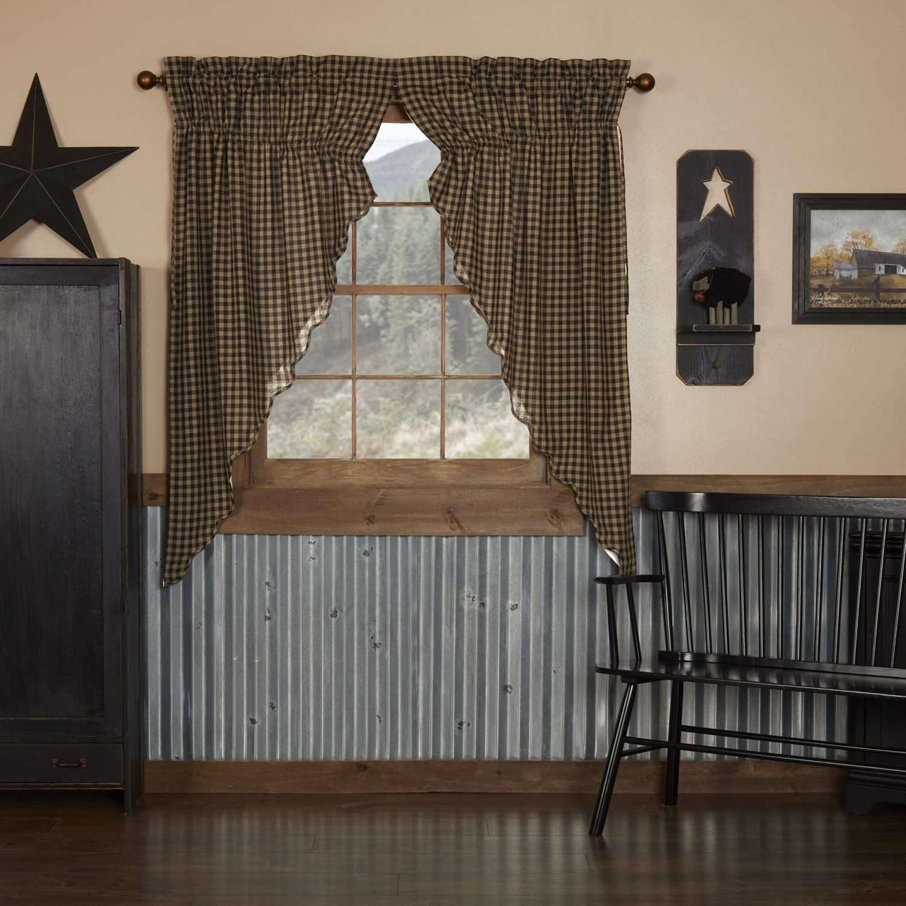 Black Check Scalloped Prairie Short Panel Curtain Set of 2 63x36x18 - The Fox Decor