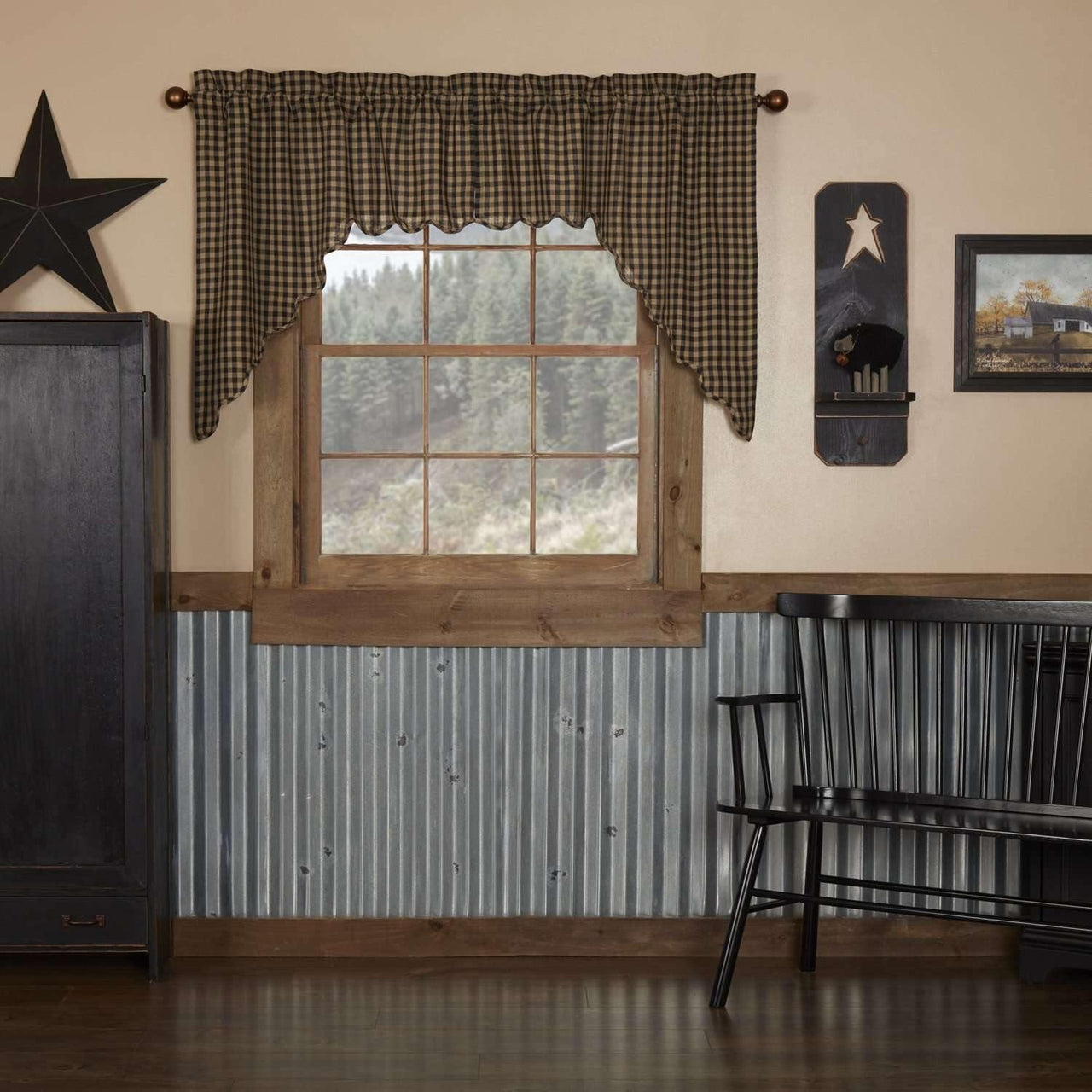 Black Check Scalloped Swag Curtain Set of 2 36x36x16 - The Fox Decor