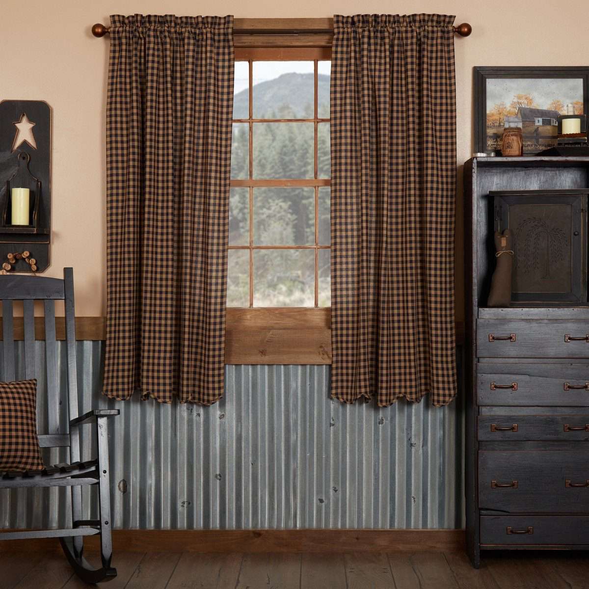Navy Check Scalloped Short Panel Curtain Set of 2 63