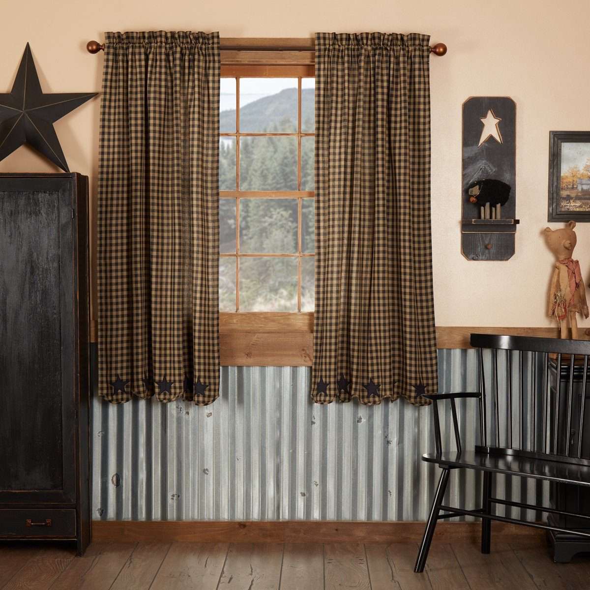 Black Star Scalloped Short Panel Country Curtain Set of 2 63x36 VHC Brands - The Fox Decor