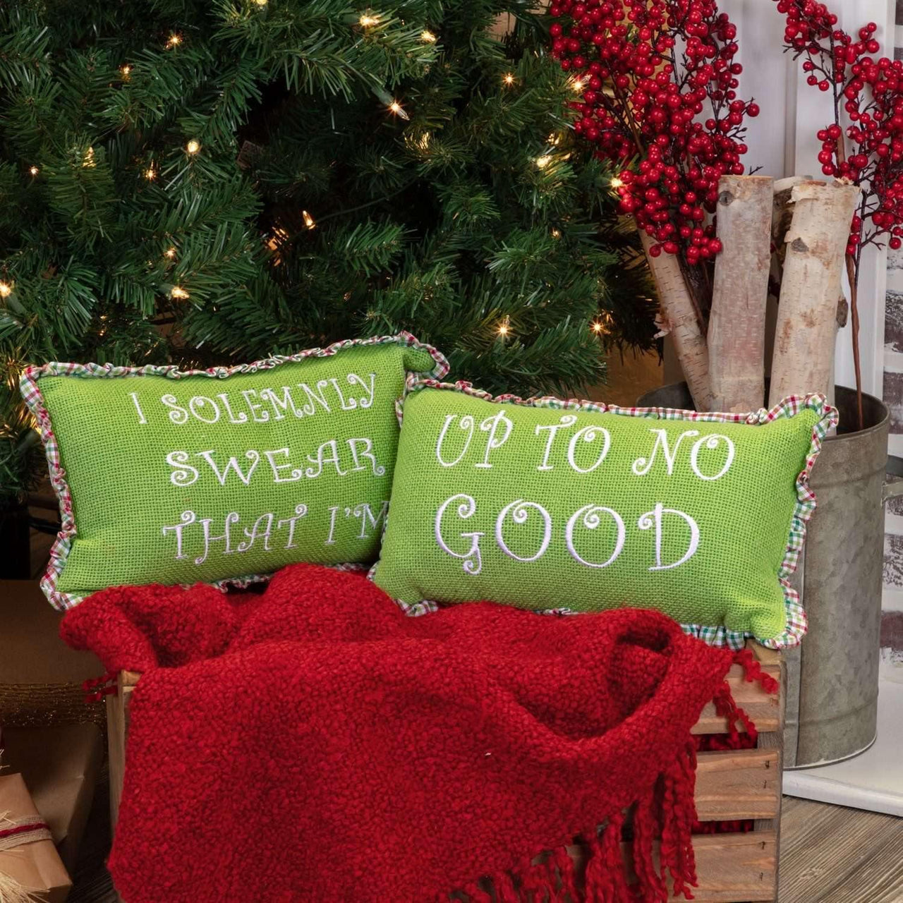 Whimsical Christmas Pillows Up To No Good Set of 2 7x13 - The Fox Decor