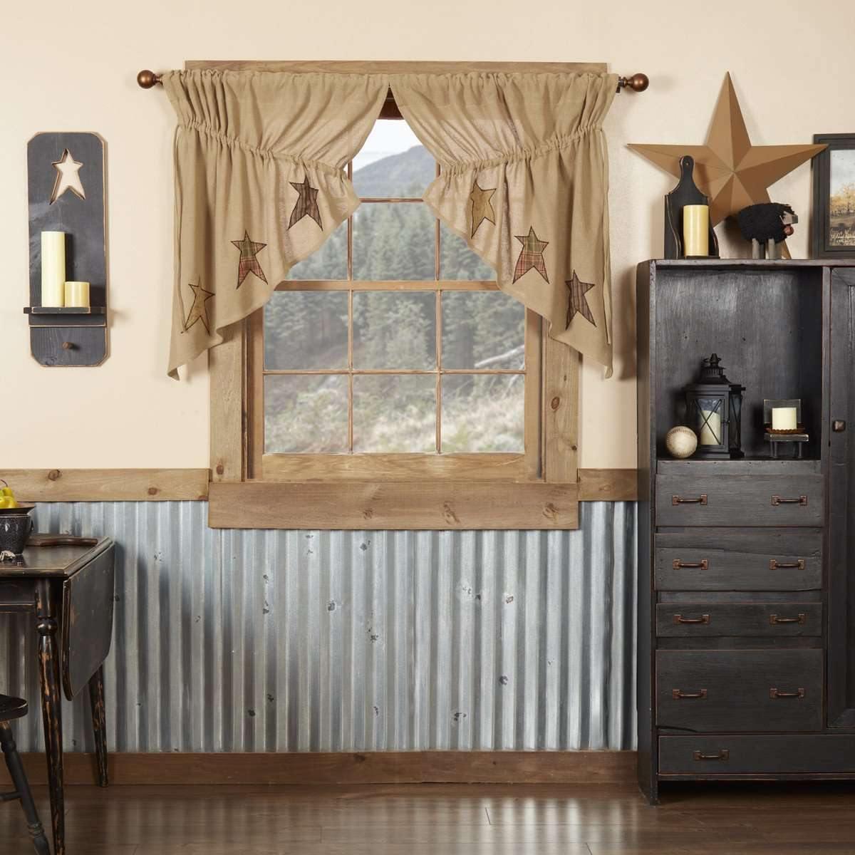 Stratton Burlap Applique Star Prairie Swag Curtain Set of 2 36x36x18 VHC Brands - The Fox Decor