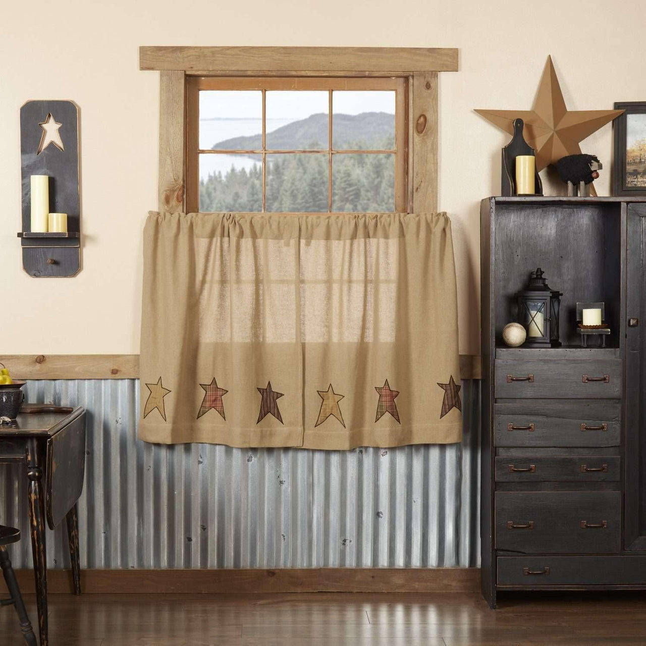 Stratton Burlap Applique Star Tier Curtain Set of 2 L36xW36 - The Fox Decor