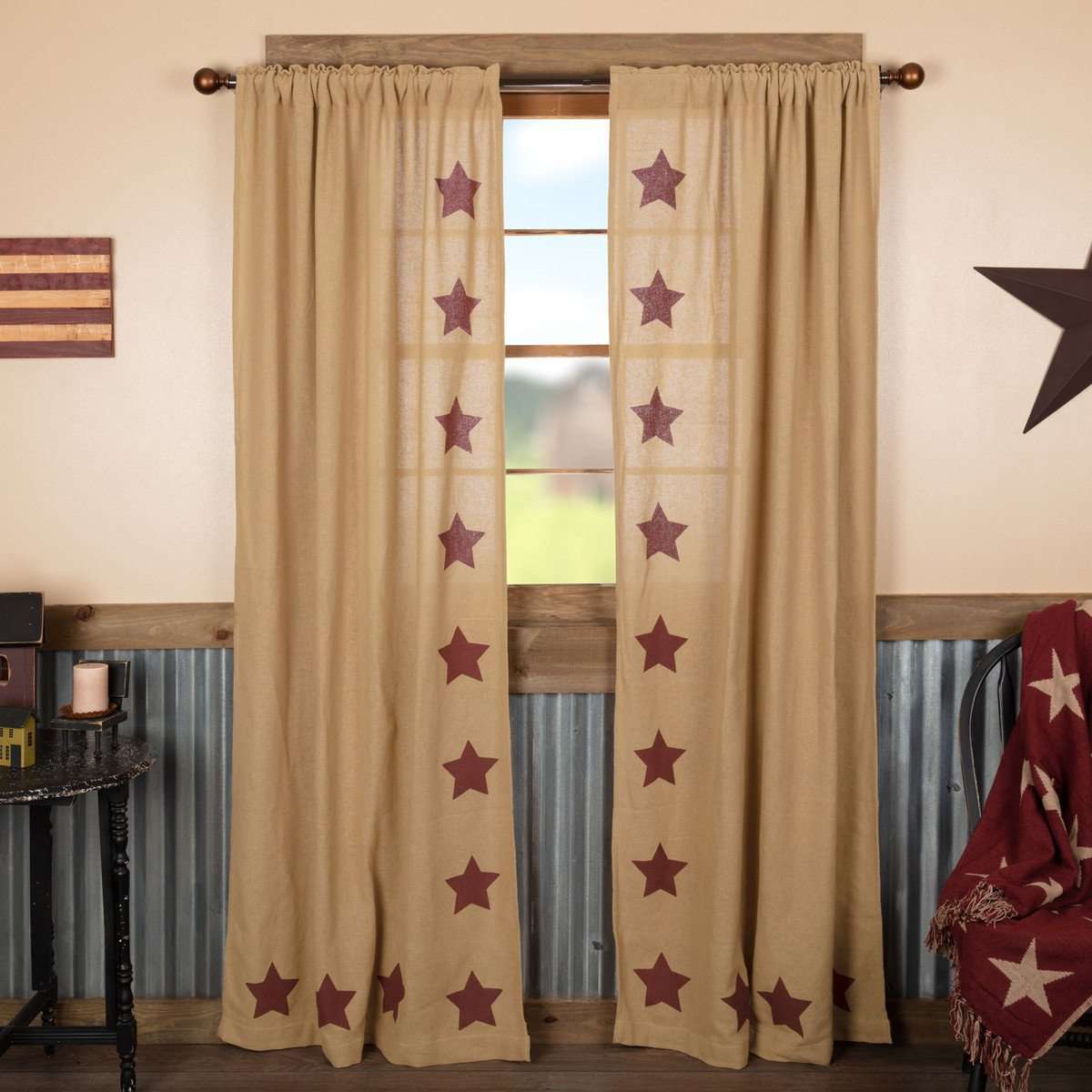 Burlap w/Burgundy Stencil Stars Panel Curtain Set of 2 84