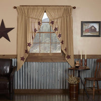 Thumbnail for Burlap w/Burgundy Stencil Stars Prairie Short Panel Curtain Set 63x36x18