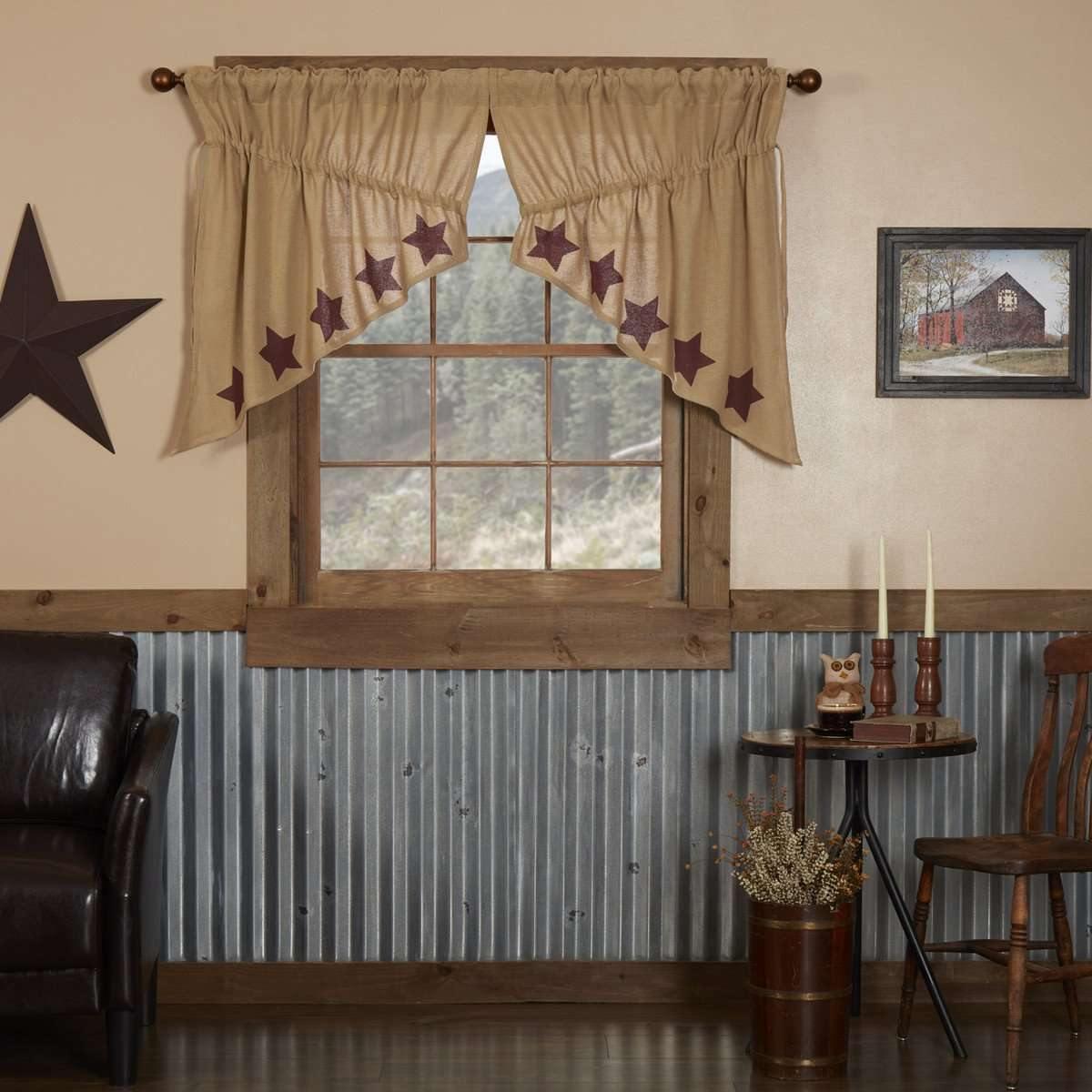 Burlap w/Burgundy Stencil Stars Prairie Swag Curtain Set of 2 36x36x18 VHC Brands - The Fox Decor